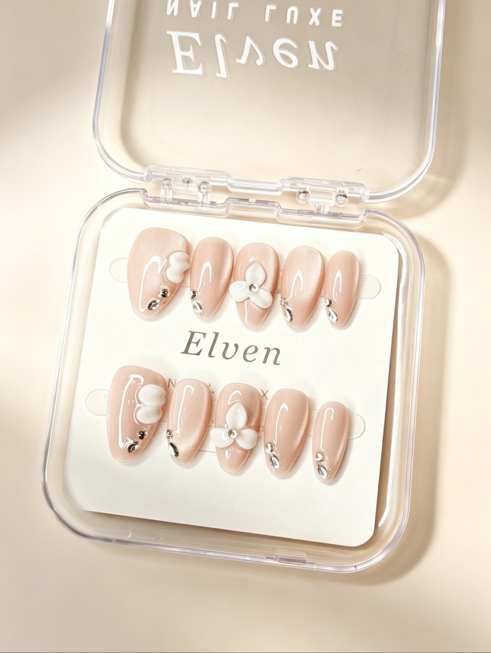 Nude Cat Eye Handmade Press On Nails with White Floral Short Almond